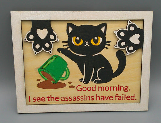 front view of two layer hand painted wood funny cat decoration, multilcolored, angry cat knocking over a cup of coffee